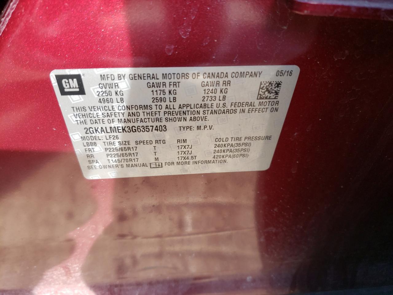 Photo 10 from auction – 2016 GMC TERRAIN SL with VIN 2GKALMEK3G6357403