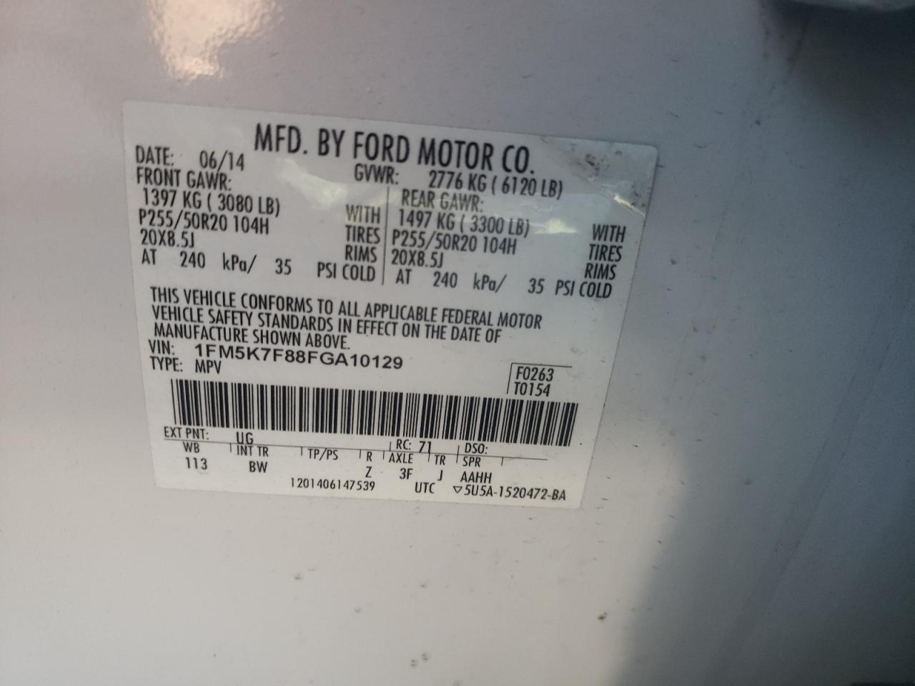 Photo 10 from auction – 2015 FORD EXPLORER L with VIN 1FM5K7F88FGA10129