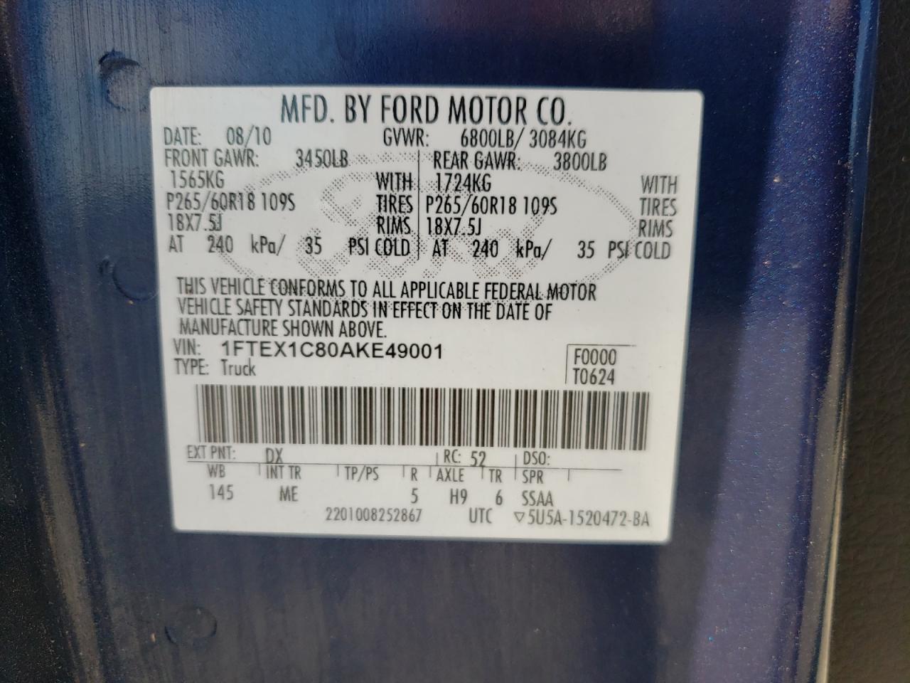 Photo 10 from auction – 2010 FORD F150 SUPER with VIN 1FTEX1C80AKE49001