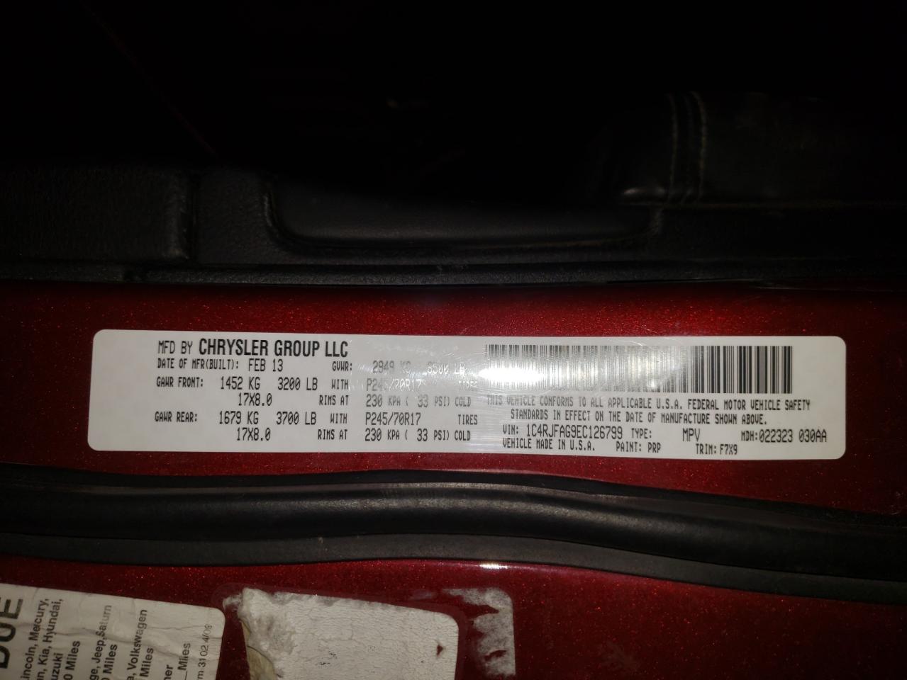 Photo 10 from auction – 2014 JEEP GRAND CHER with VIN 1C4RJFAG9EC126799