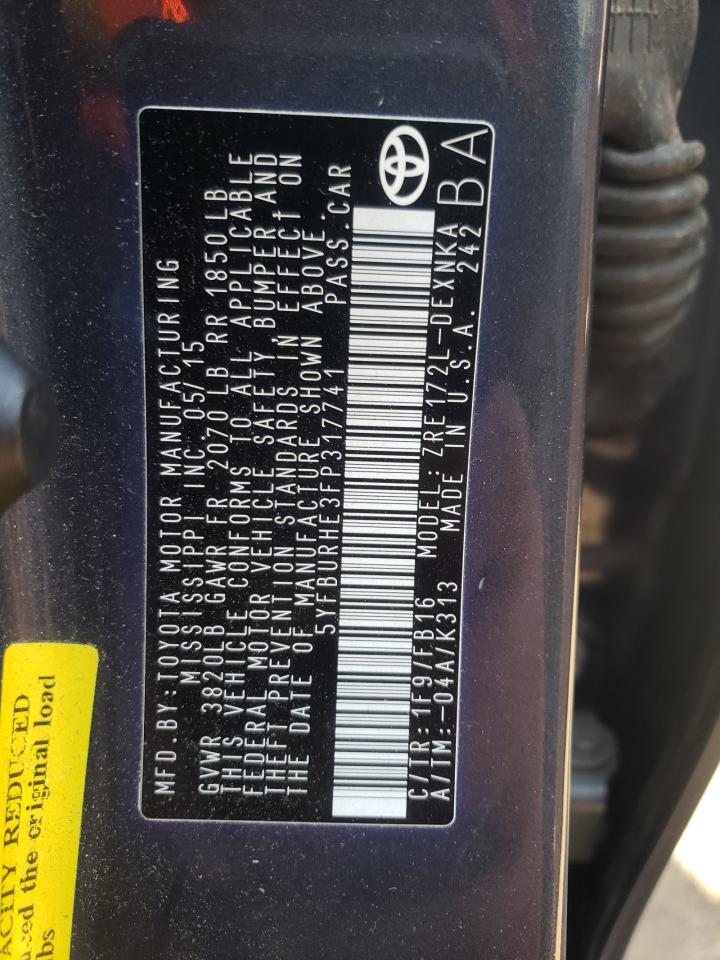 Photo 10 from auction – 2015 TOYOTA COROLLA L with VIN 5YFBURHE3FP317741