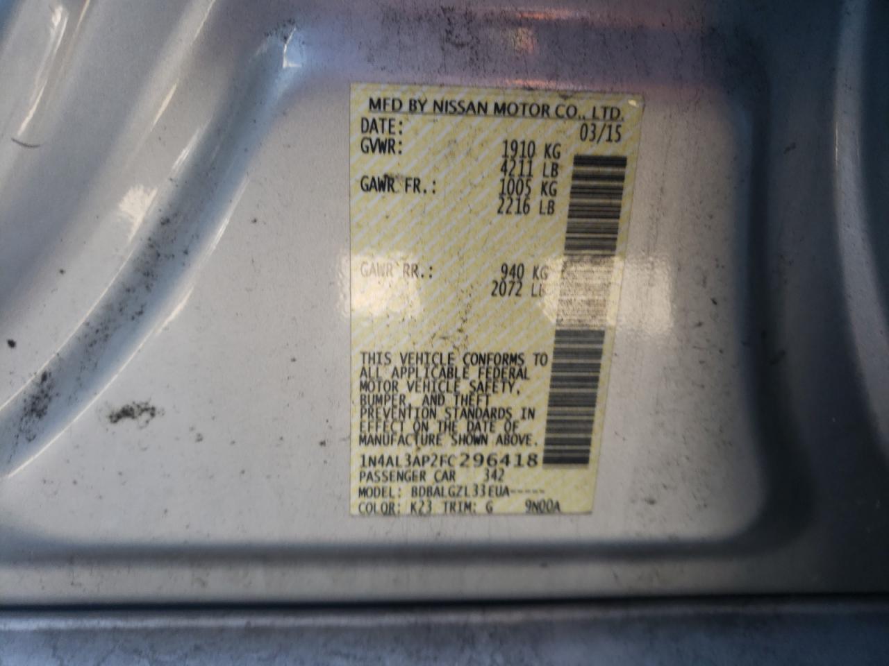 Photo 10 from auction – 2015 NISSAN ALTIMA 2.5 with VIN 1N4AL3AP2FC296418