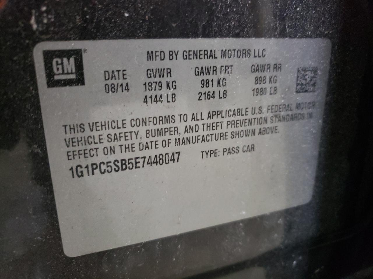 Photo 10 from auction – 2014 CHEVROLET CRUZE LT with VIN 1G1PC5SB5E7448047