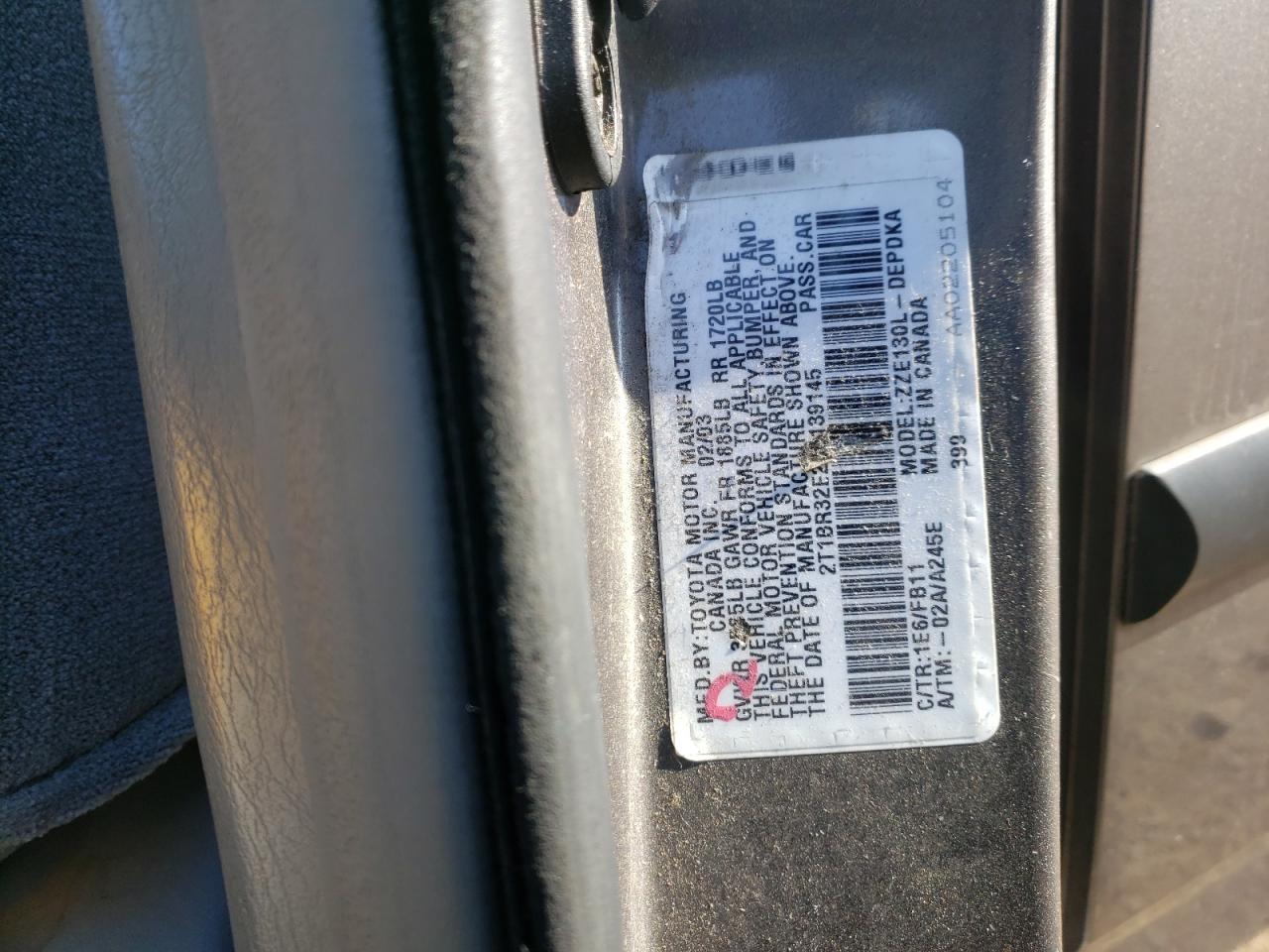 Photo 10 from auction – 2003 TOYOTA COROLLA with VIN 2T1BR32E23C139145
