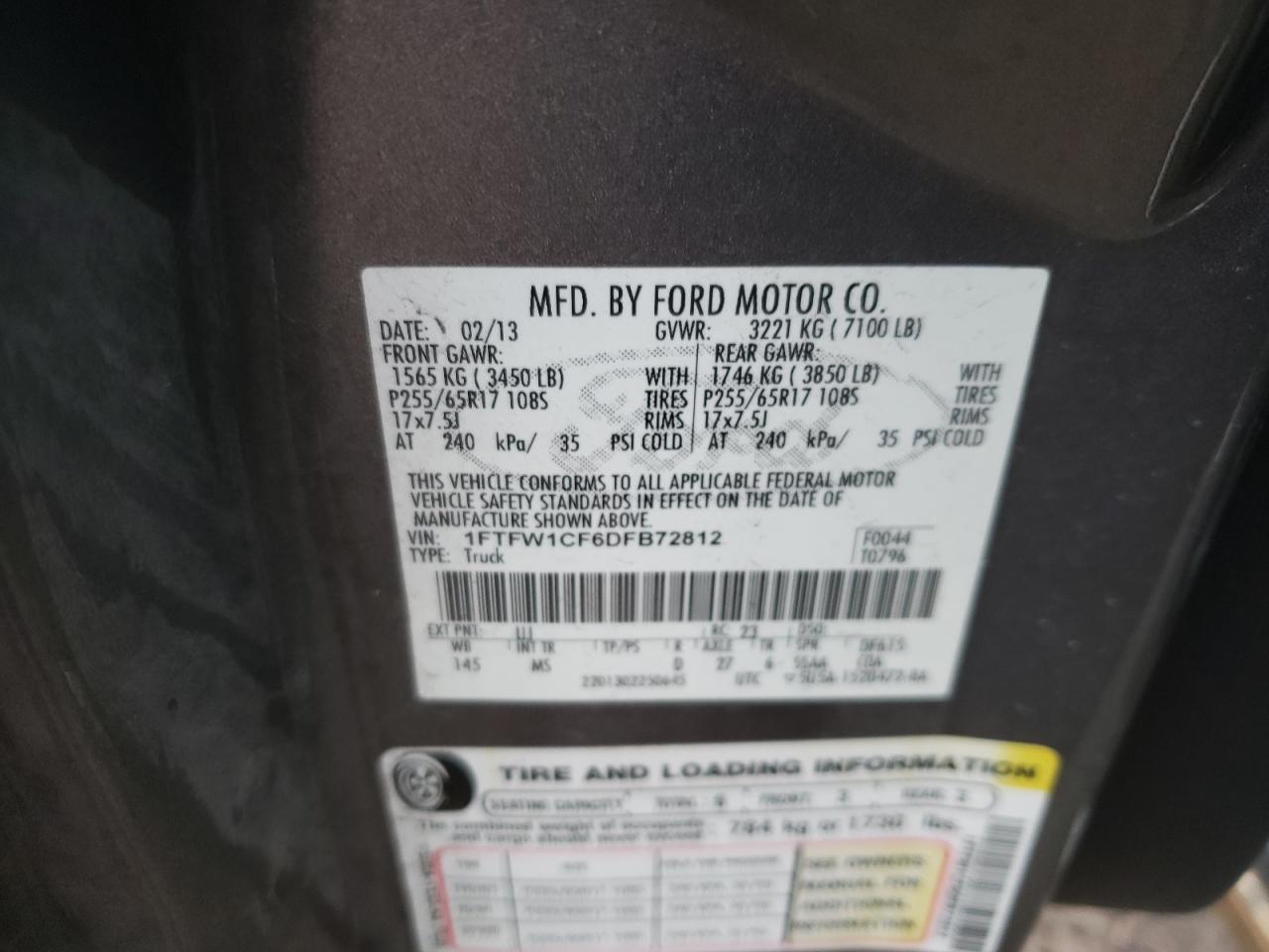 Photo 10 from auction – 2013 FORD F150 SUPER with VIN 1FTFW1CF6DFB72812