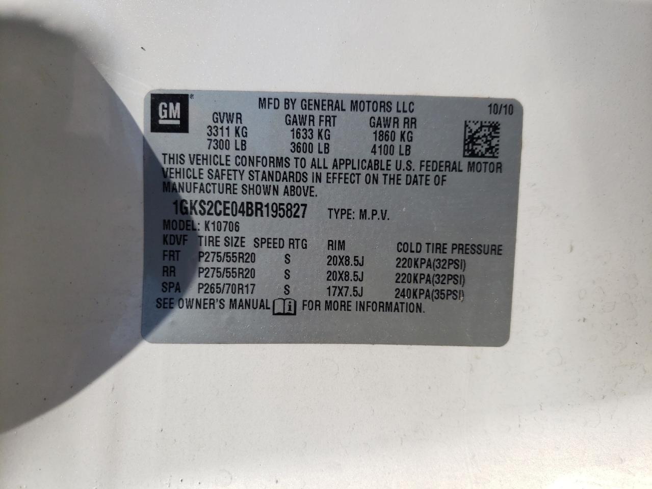 Photo 10 from auction – 2011 GMC YUKON SLT with VIN 1GKS2CE04BR195827