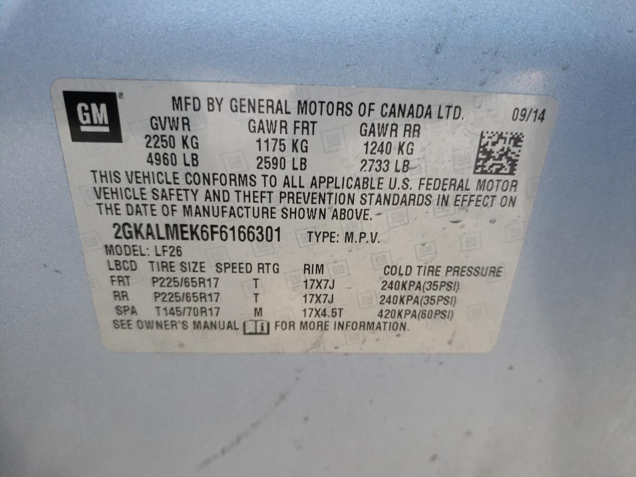 Photo 10 from auction – 2015 GMC TERRAIN SL with VIN 2GKALMEK6F6166301