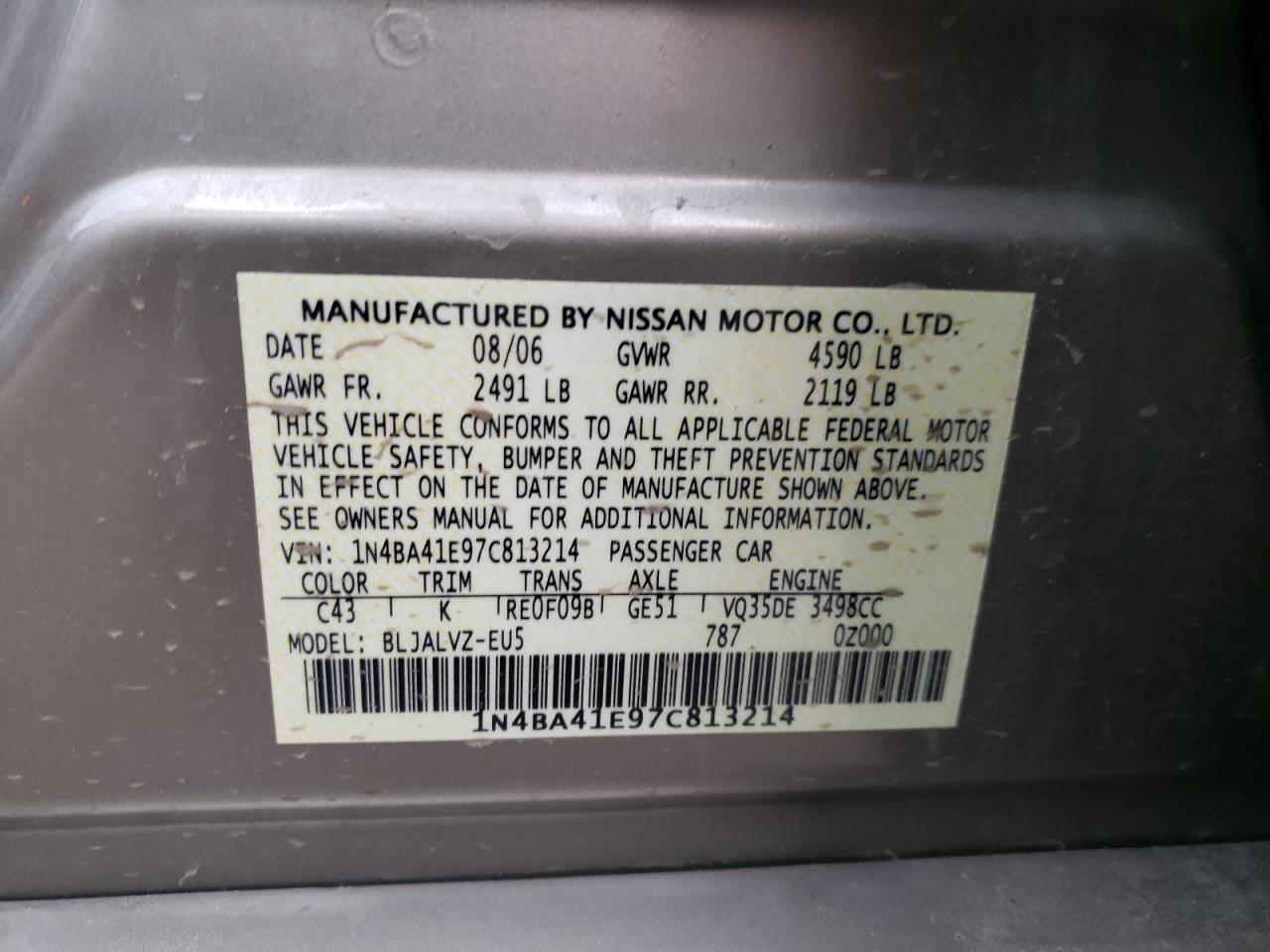 Photo 10 from auction – 2007 NISSAN MAXIMA SE with VIN 1N4BA41E97C813214