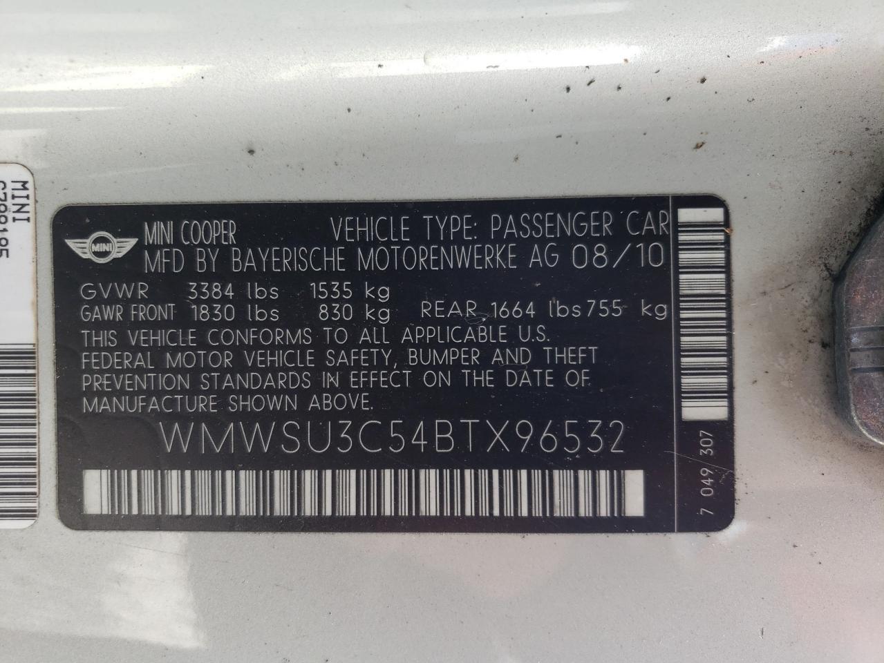 Photo 10 from auction – 2011 MINI COOPER with VIN WMWSU3C54BTX96532
