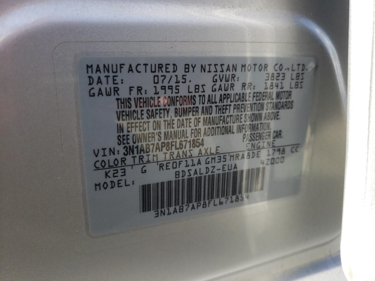 Photo 10 from auction – 2015 NISSAN SENTRA with VIN 3N1AB7AP8FL671854
