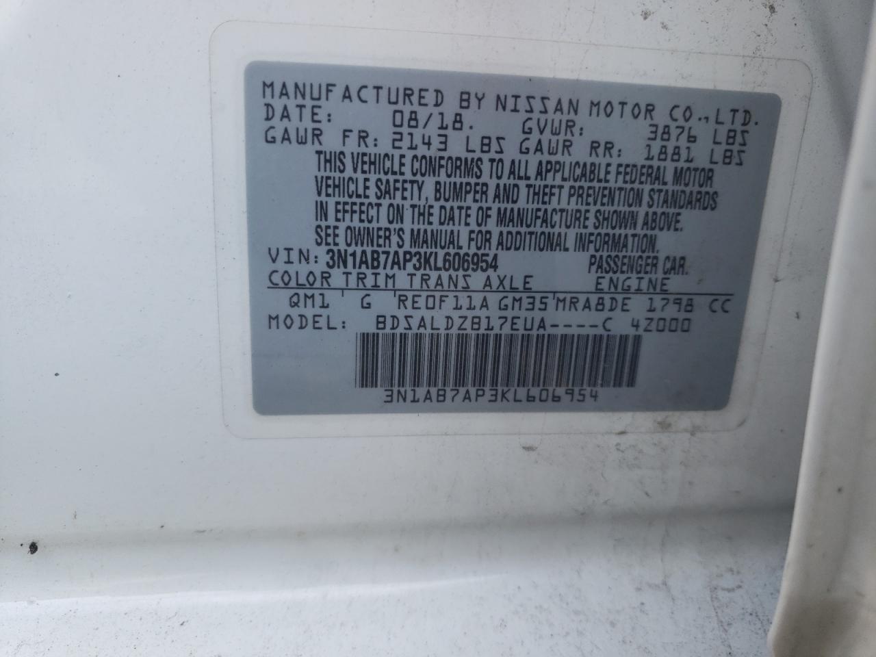 Photo 10 from auction – 2019 NISSAN SENTRA S with VIN 3N1AB7AP3KL606954