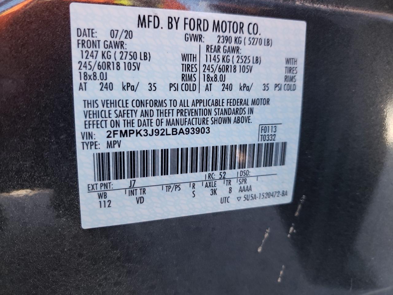 Photo 10 from auction – 2020 FORD EDGE SEL with VIN 2FMPK3J92LBA93903