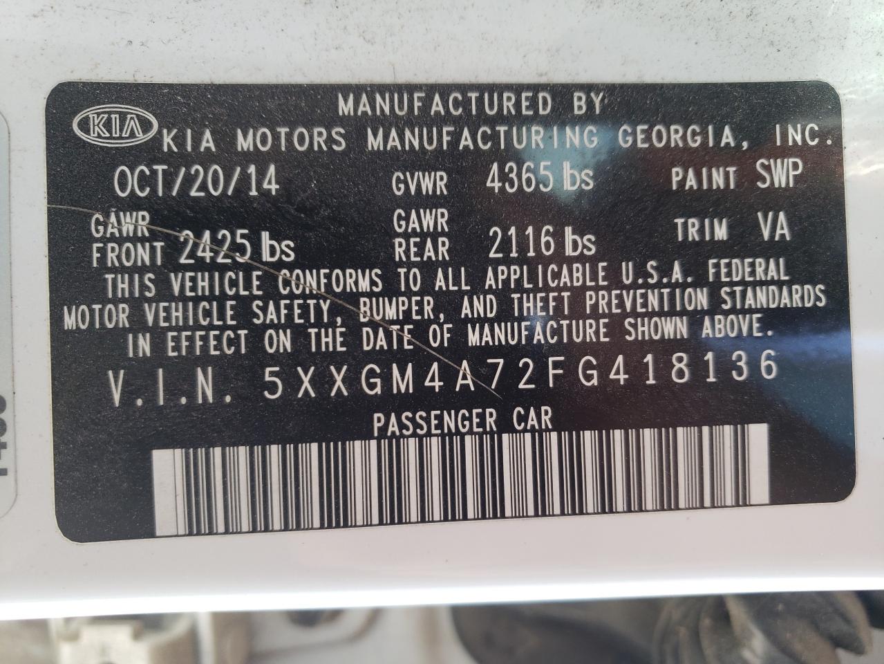 Photo 10 from auction – 2015 KIA OPTIMA LX with VIN 5XXGM4A72FG418136