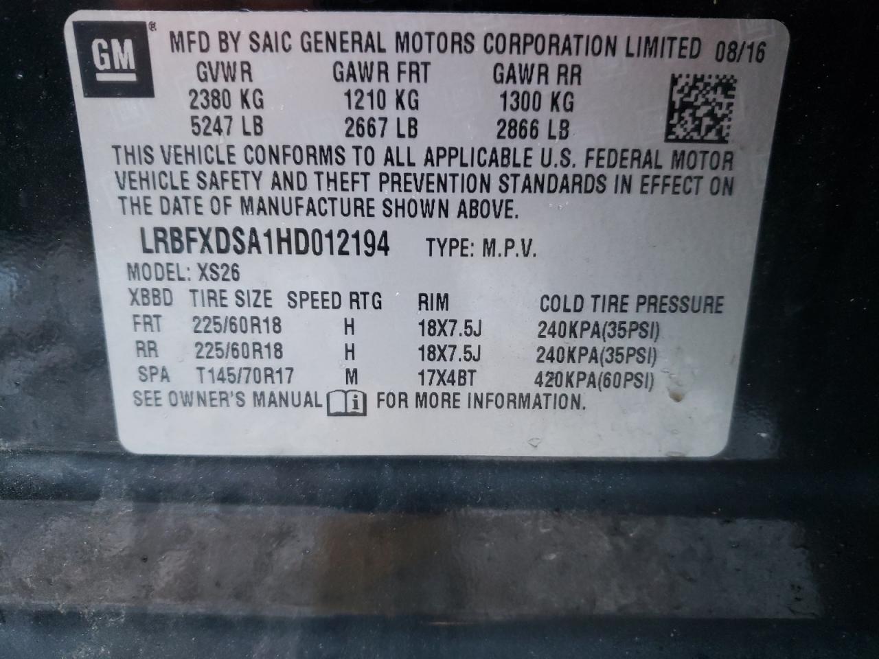 Photo 10 from auction – 2017 BUICK ENVISION E with VIN LRBFXDSA1HD012194