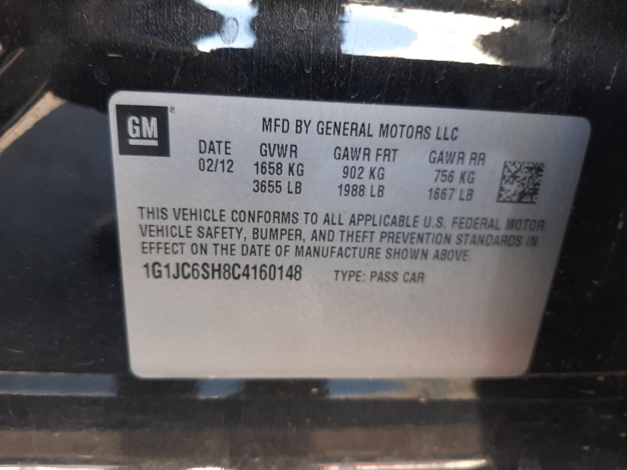 Photo 10 from auction – 2012 CHEVROLET SONIC LT with VIN 1G1JC6SH8C4160148