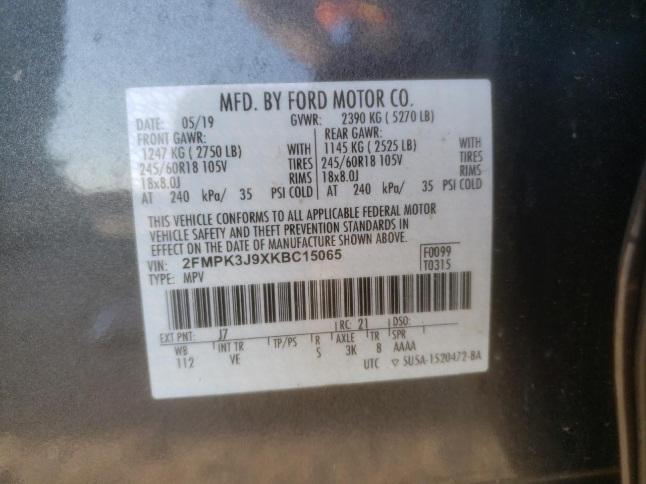 Photo 10 from auction – 2019 FORD EDGE SEL with VIN 2FMPK3J9XKBC15065