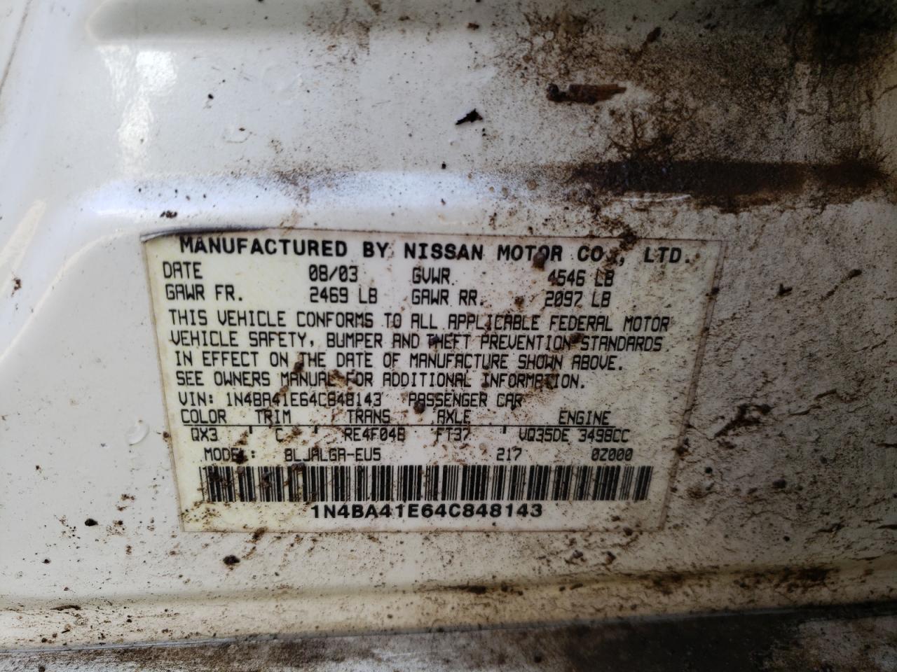 Photo 10 from auction – 2004 NISSAN ALTIMA with VIN 1N4BA41E64C848143