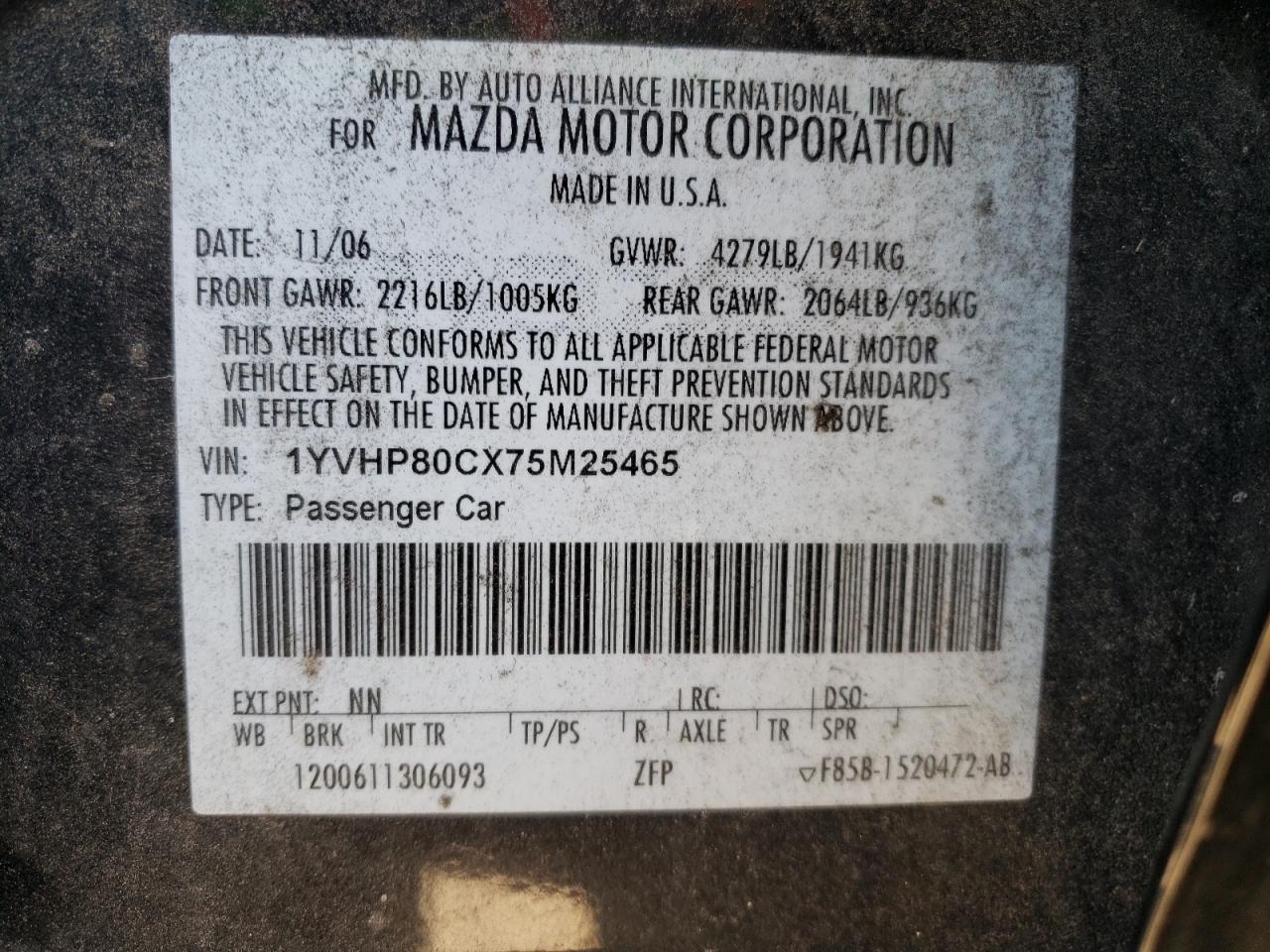 صورة رقم 10 من المزاد - 2007 MAZDA 6 I مع VIN 1YVHP80CX75M25465