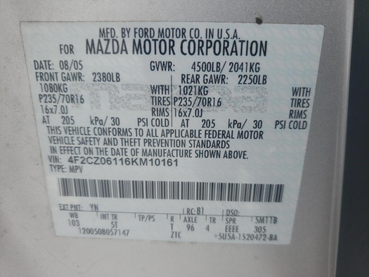 Photo 10 from auction – 2006 MAZDA TRIBUTE S with VIN 4F2CZ06116KM10161