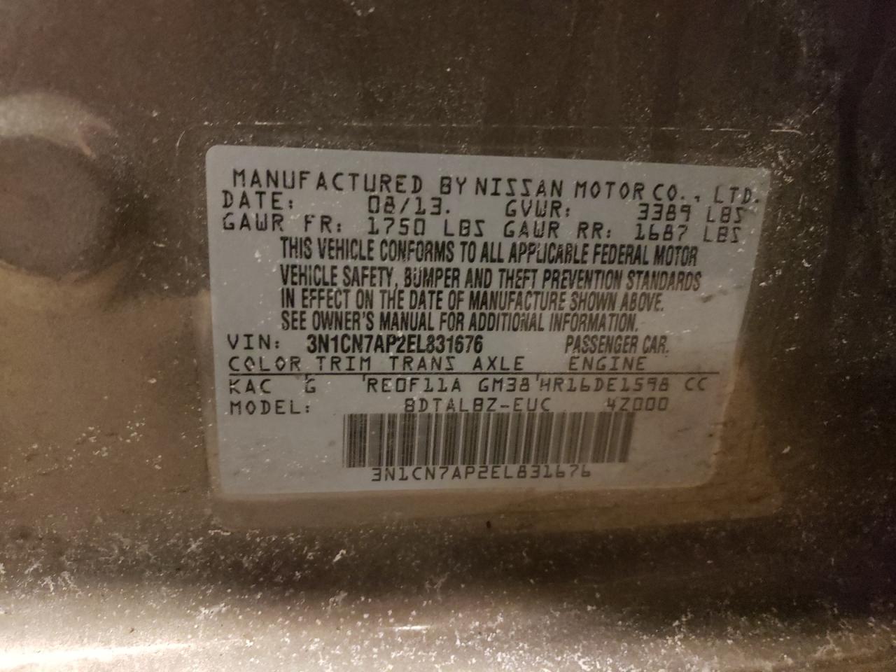 Photo 10 from auction – 2014 NISSAN VERSA SV with VIN 3N1CN7AP2EL831676
