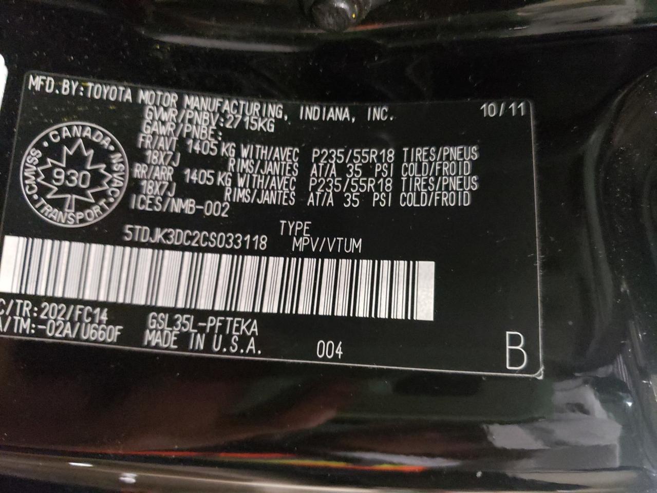 Photo 10 from auction – 2012 TOYOTA SIENNA LE with VIN 5TDJK3DC2CS033118
