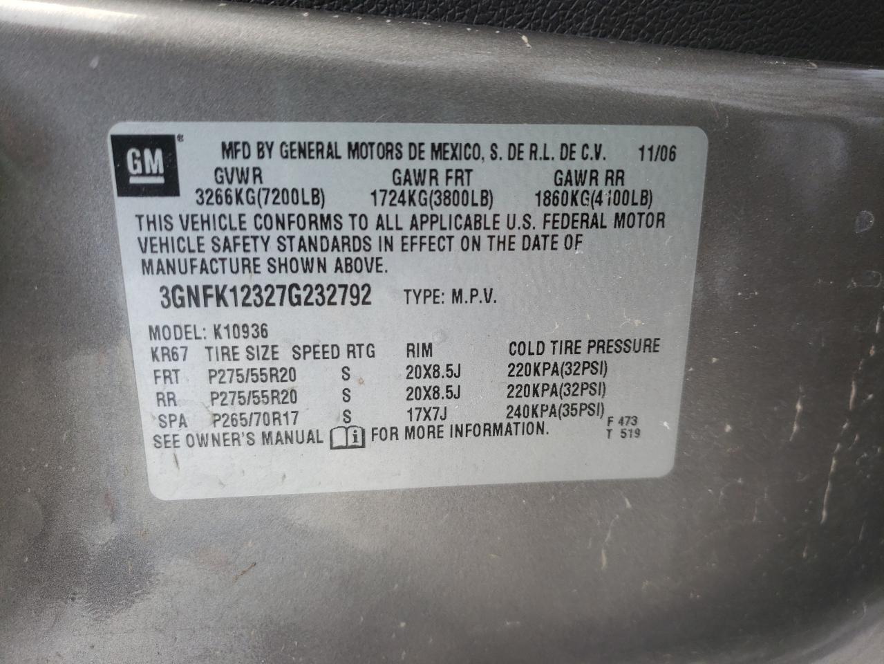 Photo 10 from auction – 2007 CHEVROLET AVALANCHE with VIN 3GNFK12327G232792