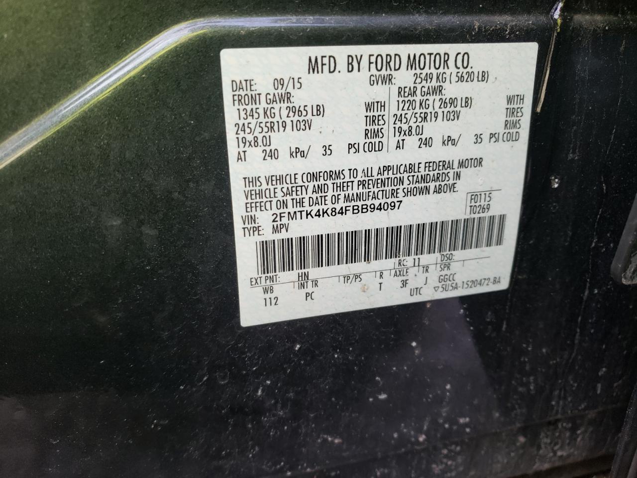Photo 10 from auction – 2015 FORD EDGE TITAN with VIN 2FMTK4K84FBB94097