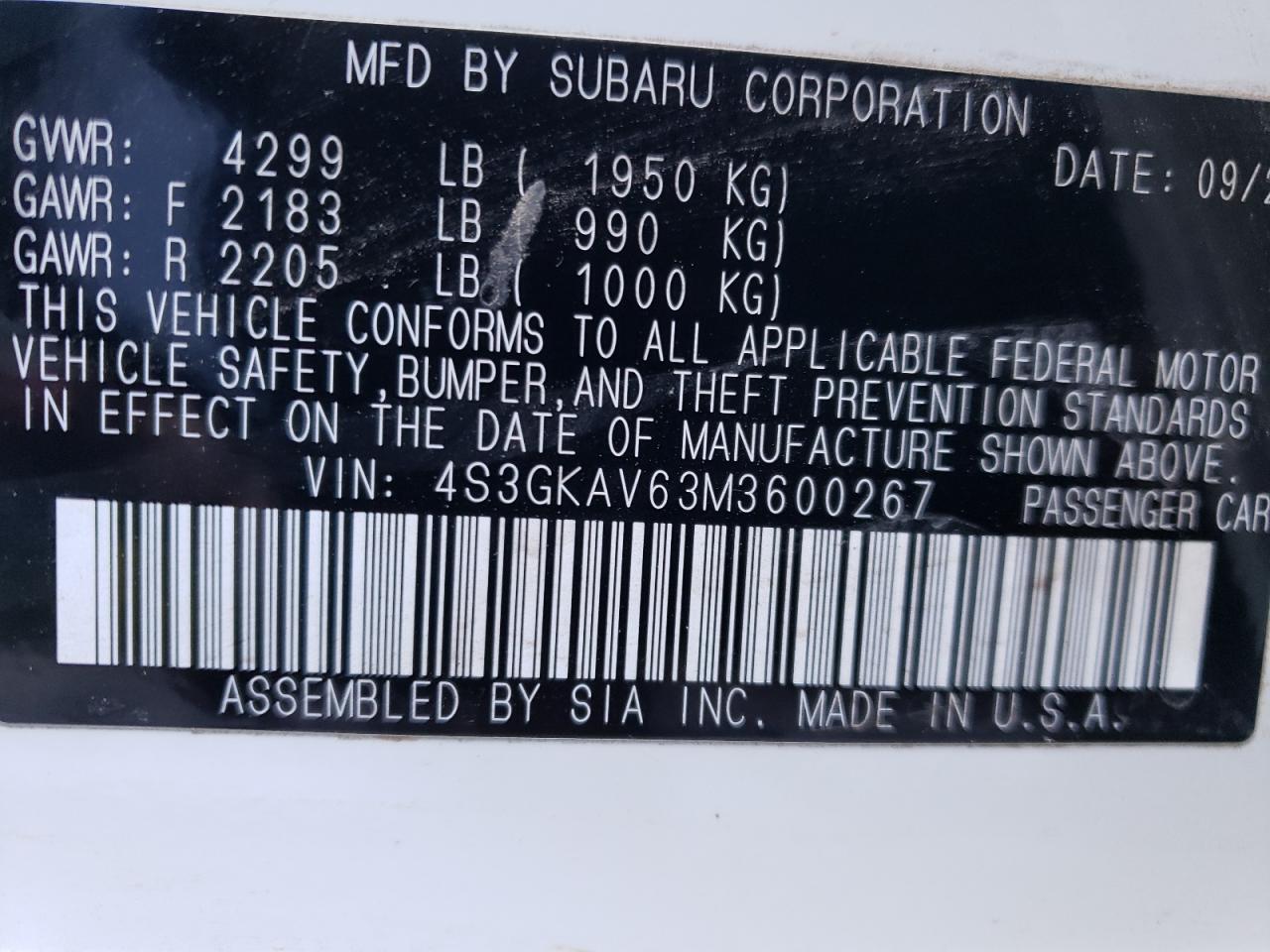 Photo 10 from auction – 2021 SUBARU IMPREZA PR with VIN 4S3GKAV63M3600267