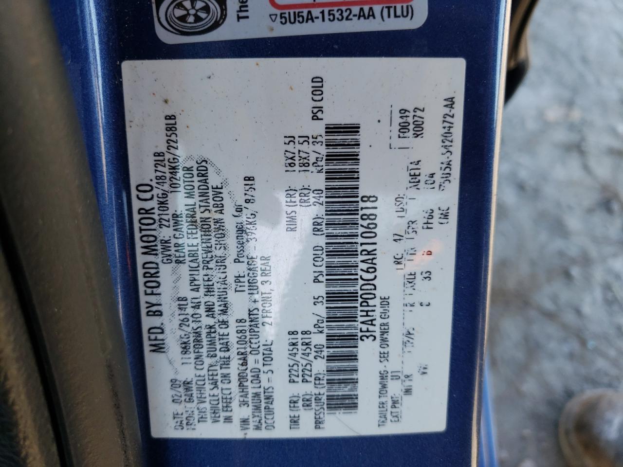 Photo 10 from auction – 2010 FORD FUSION SPO with VIN 3FAHP0DC6AR106818