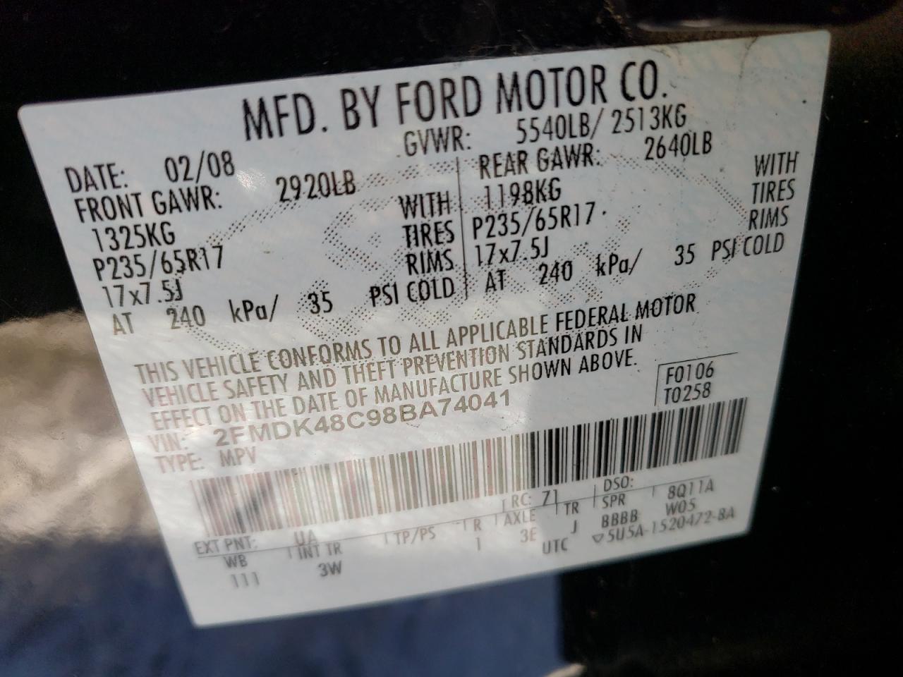 Photo 10 from auction – 2008 FORD EDGE SEL with VIN 2FMDK48C98BA74041