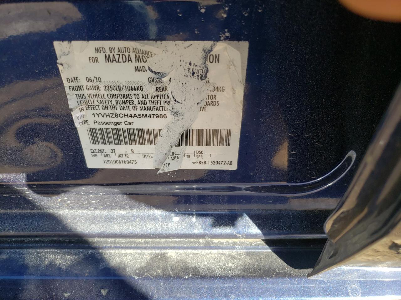 Photo 10 from auction – 2010 MAZDA 6 I with VIN 1YVHZ8CH4A5M47986