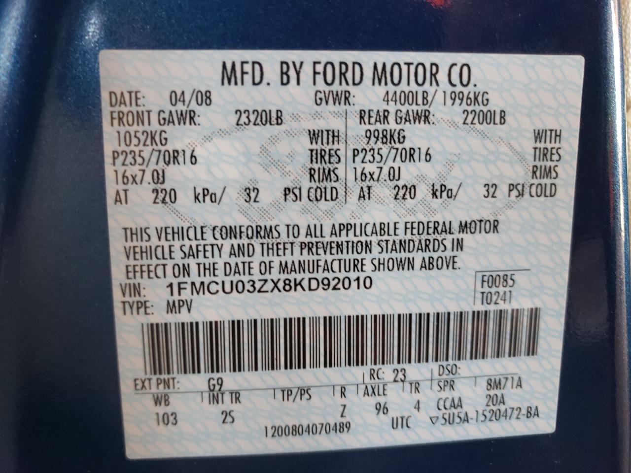 Photo 10 from auction – 2008 FORD ESCAPE XLT with VIN 1FMCU03ZX8KD92010