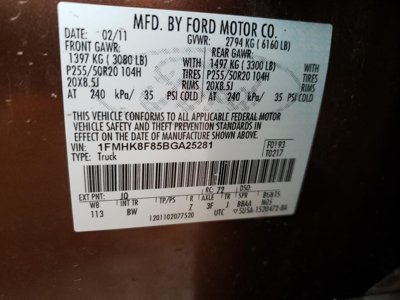 Photo 10 from auction – 2011 FORD EXPLORER L with VIN 1FMHK8F85BGA25281