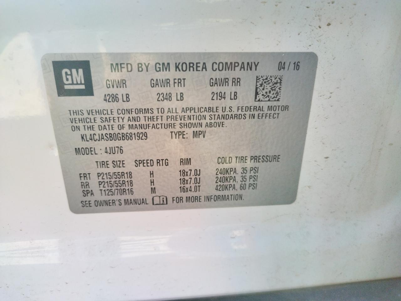 Photo 10 from auction – 2016 BUICK ENCORE with VIN KL4CJASB0GB681929