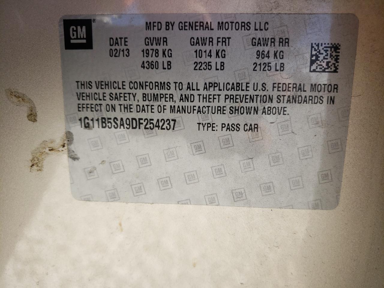 Photo 10 from auction – 2013 CHEVROLET MALIBU LS with VIN 1G11B5SA9DF254237