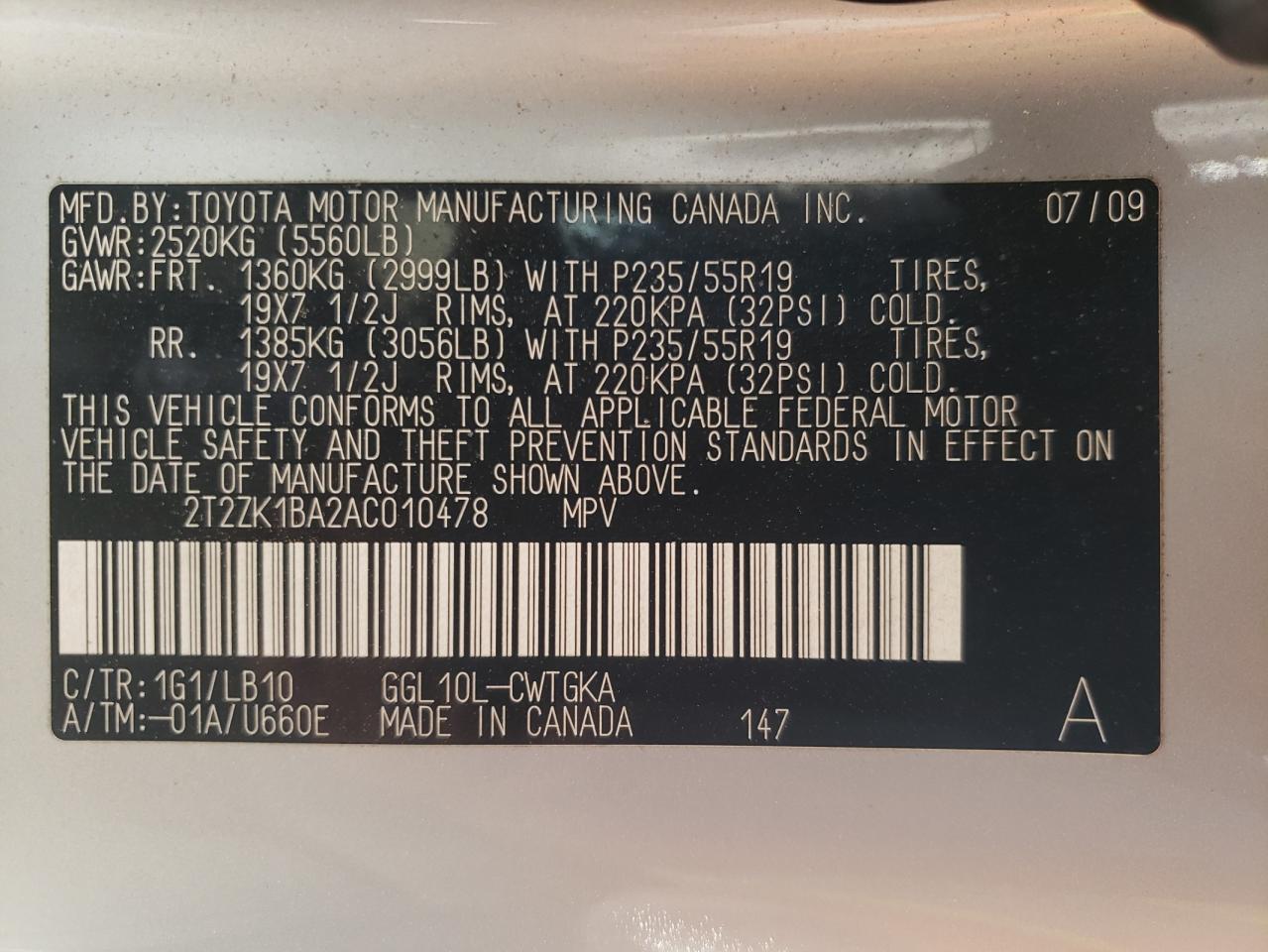 Photo 10 from auction – 2010 LEXUS RX 350 with VIN 2T2ZK1BA2AC010478