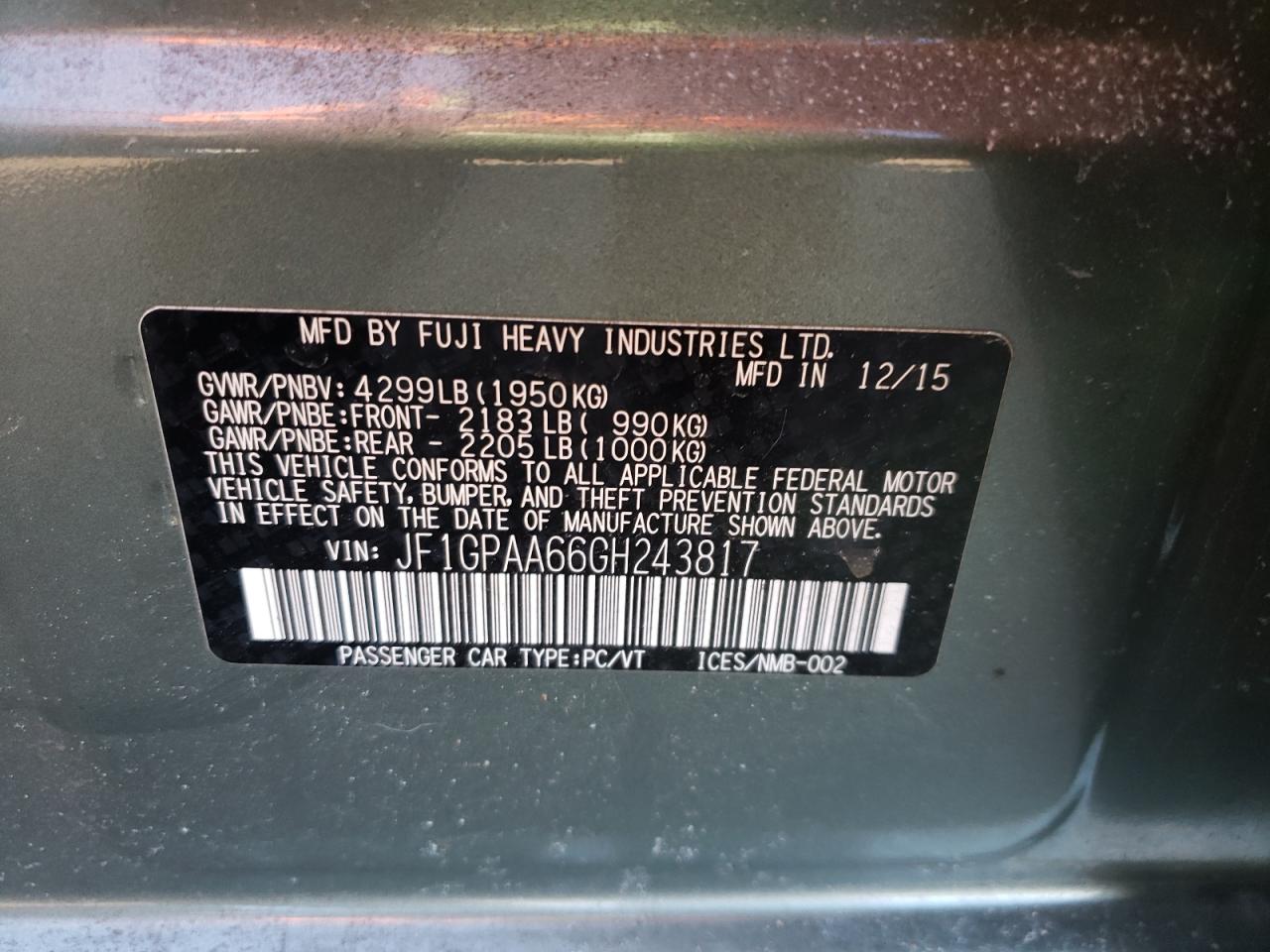 Photo 10 from auction – 2016 SUBARU IMPREZA with VIN JF1GPAA66GH243817