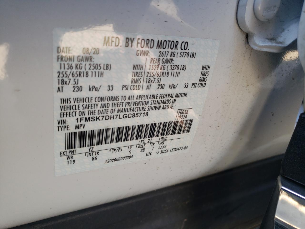 Photo 10 from auction – 2020 FORD EXPLORER X with VIN 1FMSK7DH7LGC85718