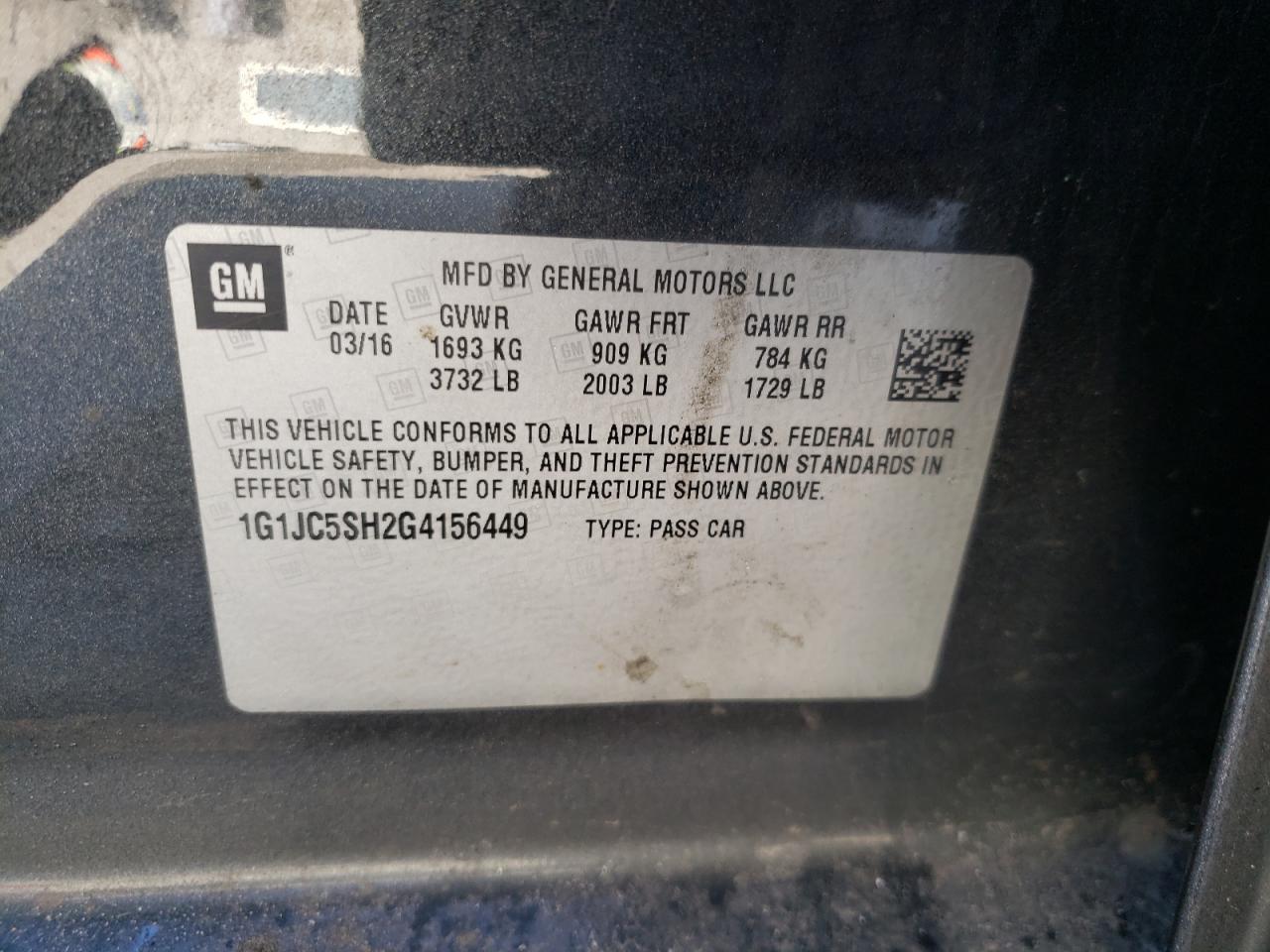 Photo 10 from auction – 2016 CHEVROLET SONIC LT with VIN 1G1JC5SH2G4156449