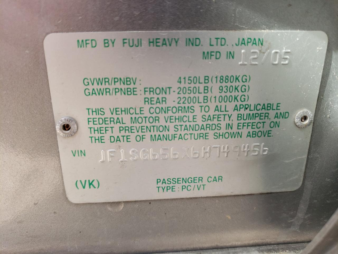 Photo 10 from auction – 2006 SUBARU FORESTER 2 with VIN JF1SG656X6H749456