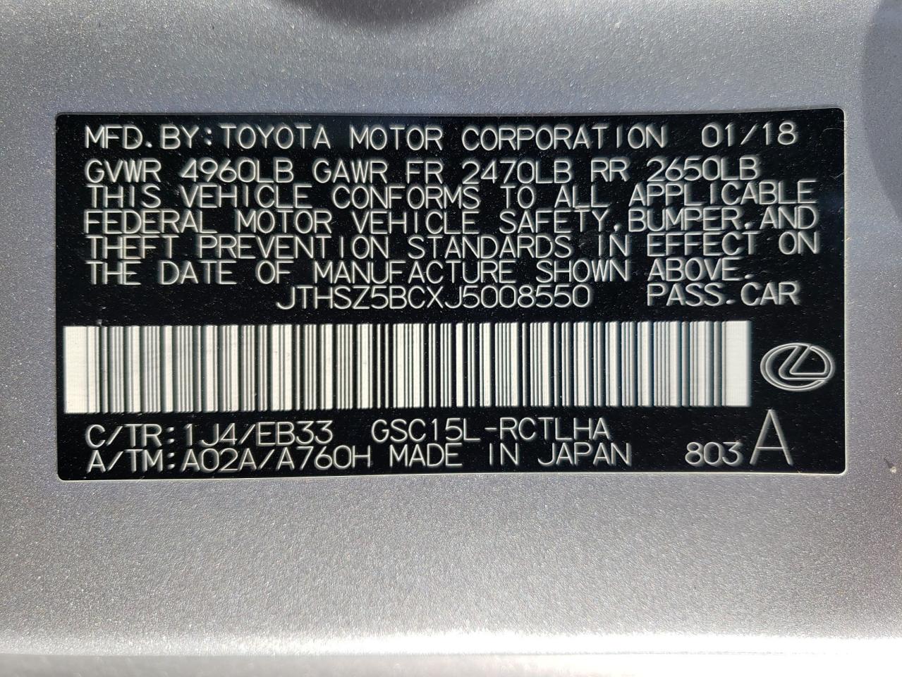 Photo 10 from auction – 2018 LEXUS RC 350 with VIN JTHSZ5BCXJ5008550