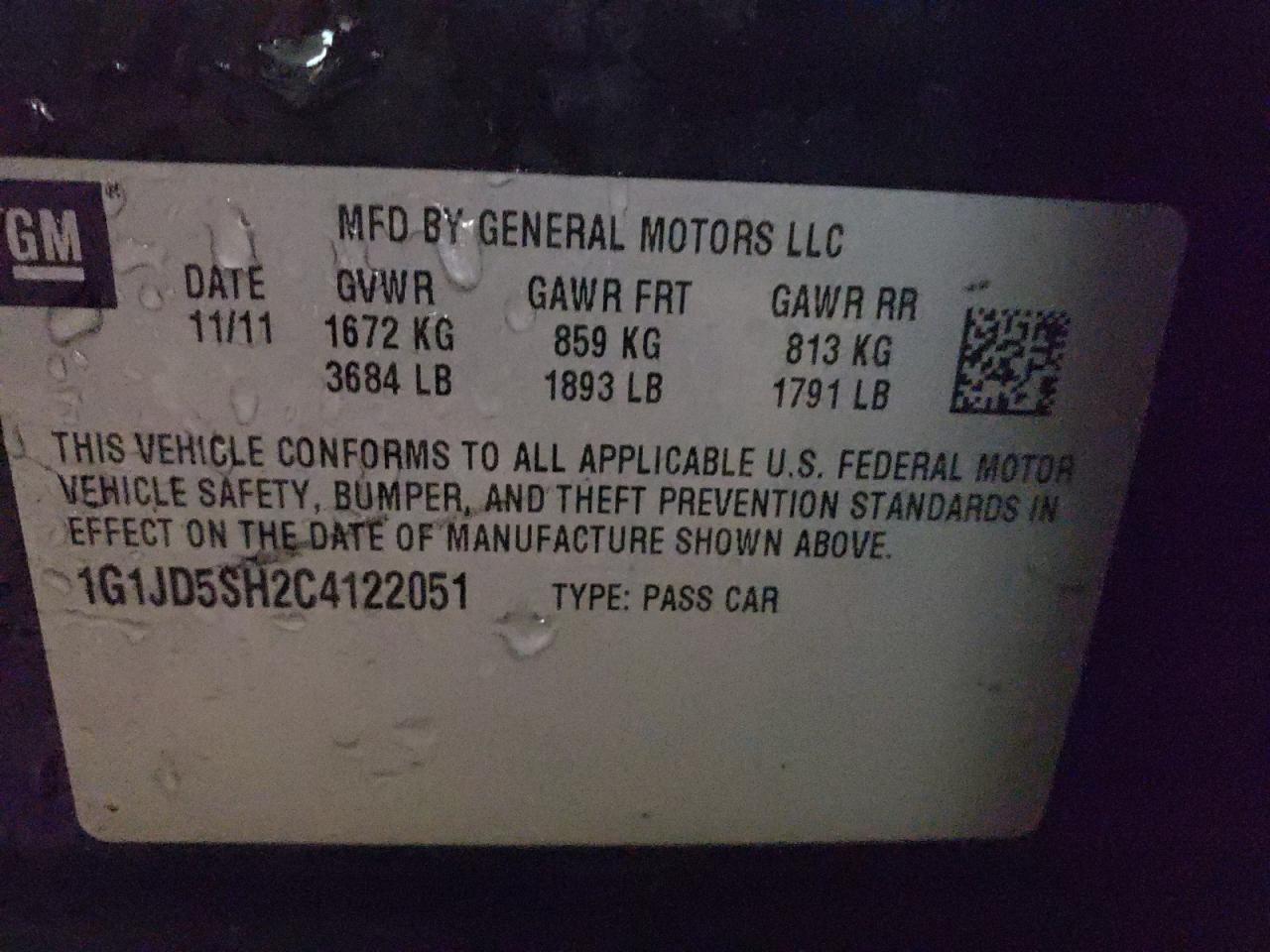 Photo 10 from auction – 2012 CHEVROLET SONIC LT with VIN 1G1JD5SH2C4122051