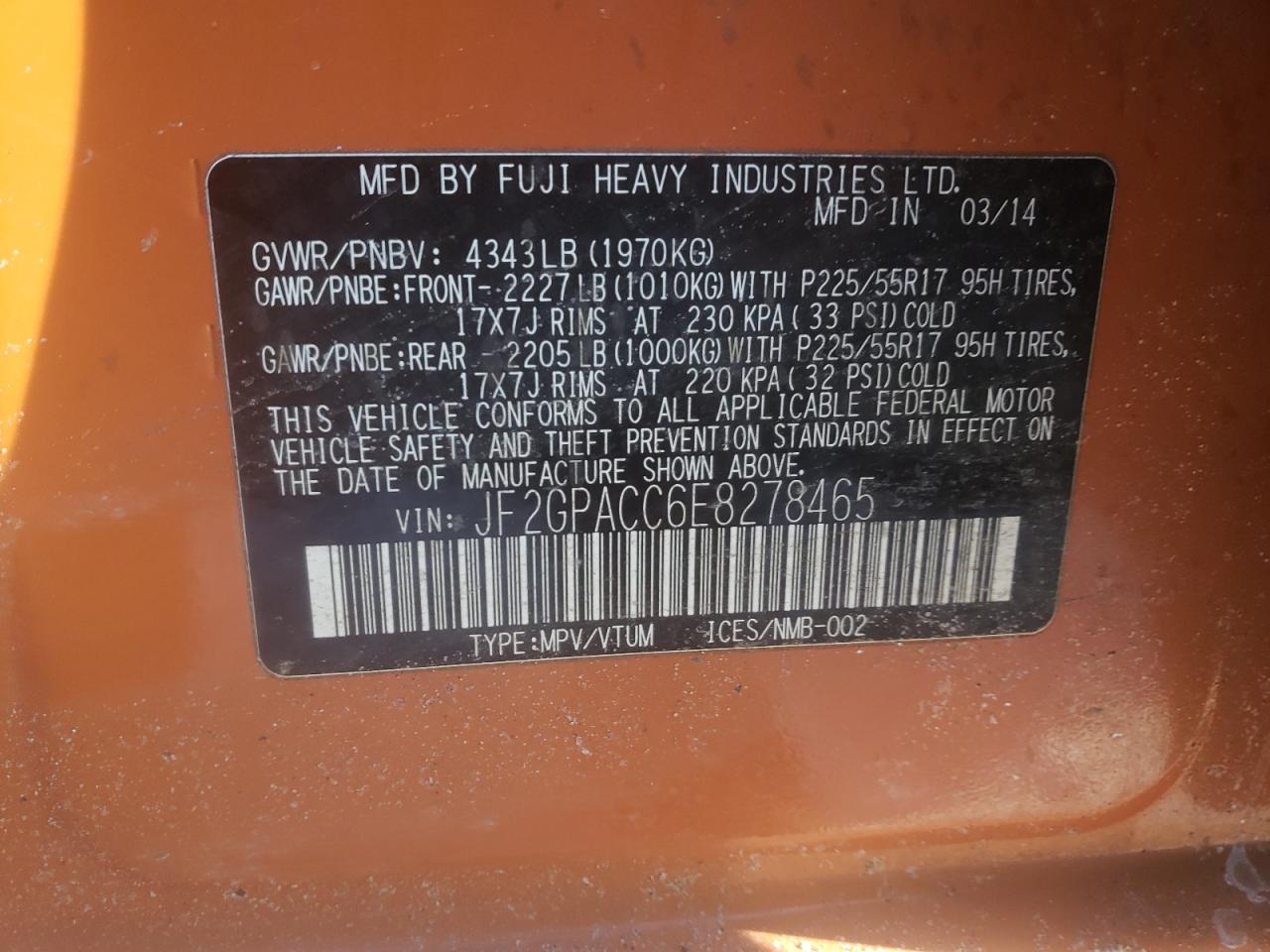 Photo 10 from auction – 2014 SUBARU XV CROSSTR with VIN JF2GPACC6E8278465