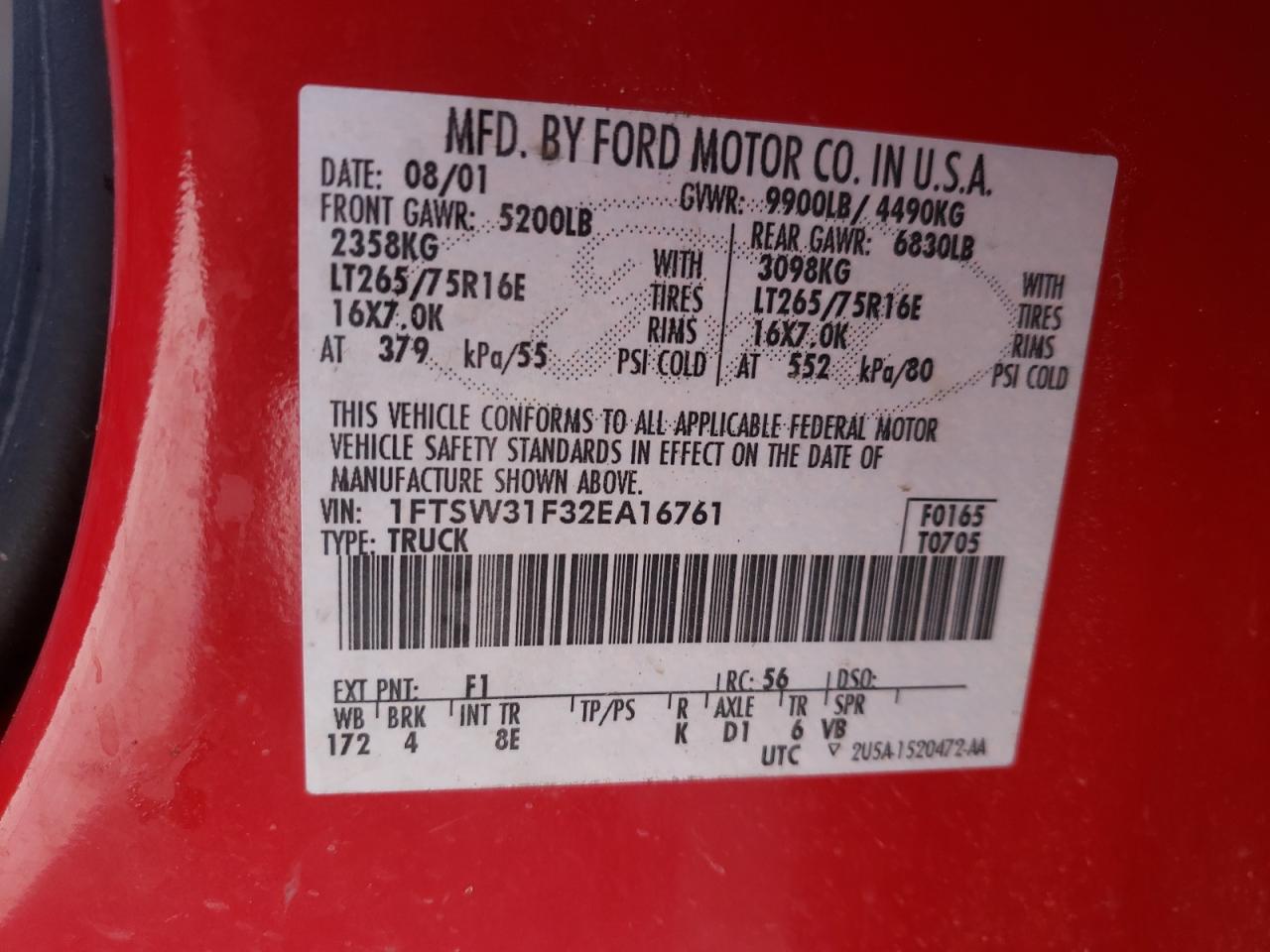 Photo 10 from auction – 2002 FORD F350 SRW S with VIN 1FTSW31F32EA16761