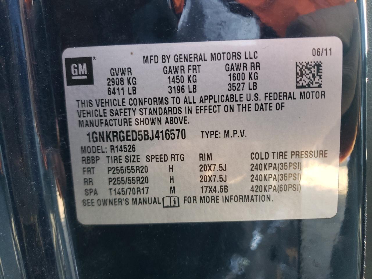 Photo 10 from auction – 2011 CHEVROLET TRAVERSE L with VIN 1GNKRGED5BJ416570