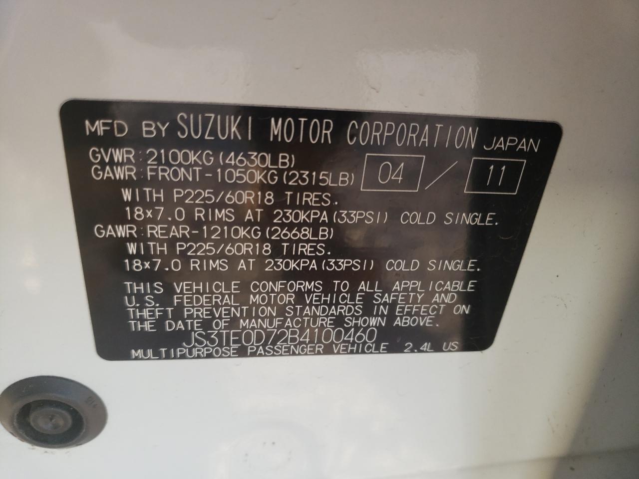 Photo 10 from auction – 2011 SUZUKI GRAND VITA with VIN JS3TE0D72B4100460