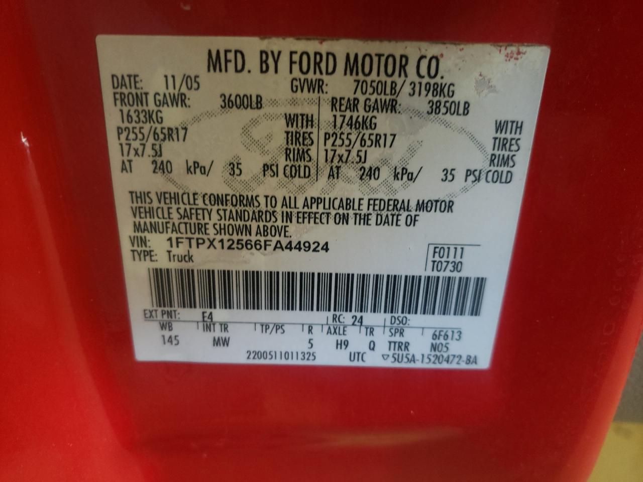 Photo 10 from auction – 2006 FORD F150 with VIN 1FTPX12566FA44924