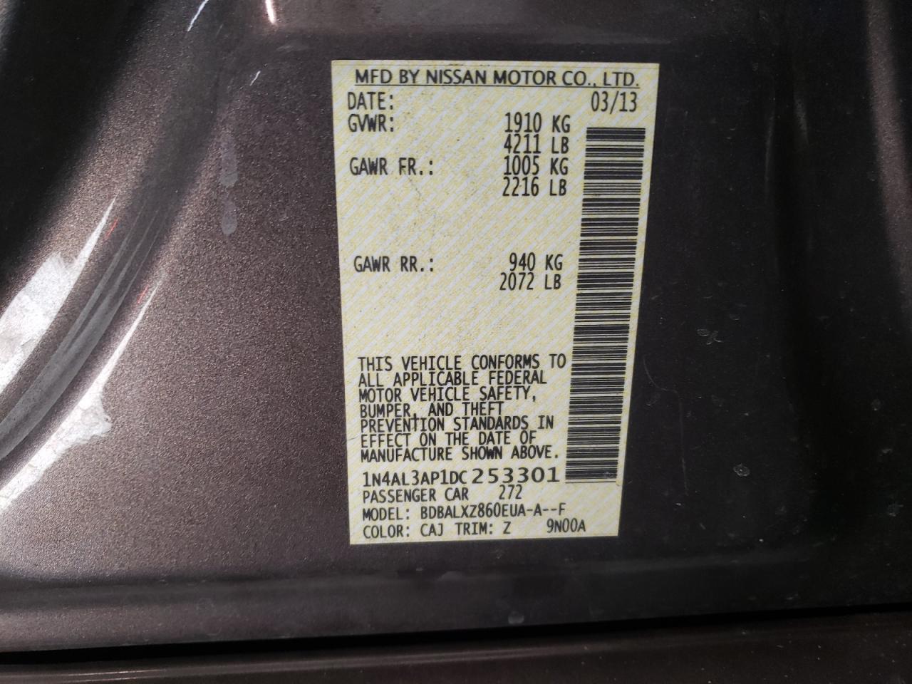 Photo 10 from auction – 2013 NISSAN ALTIMA 2.5 with VIN 1N4AL3AP1DC253301