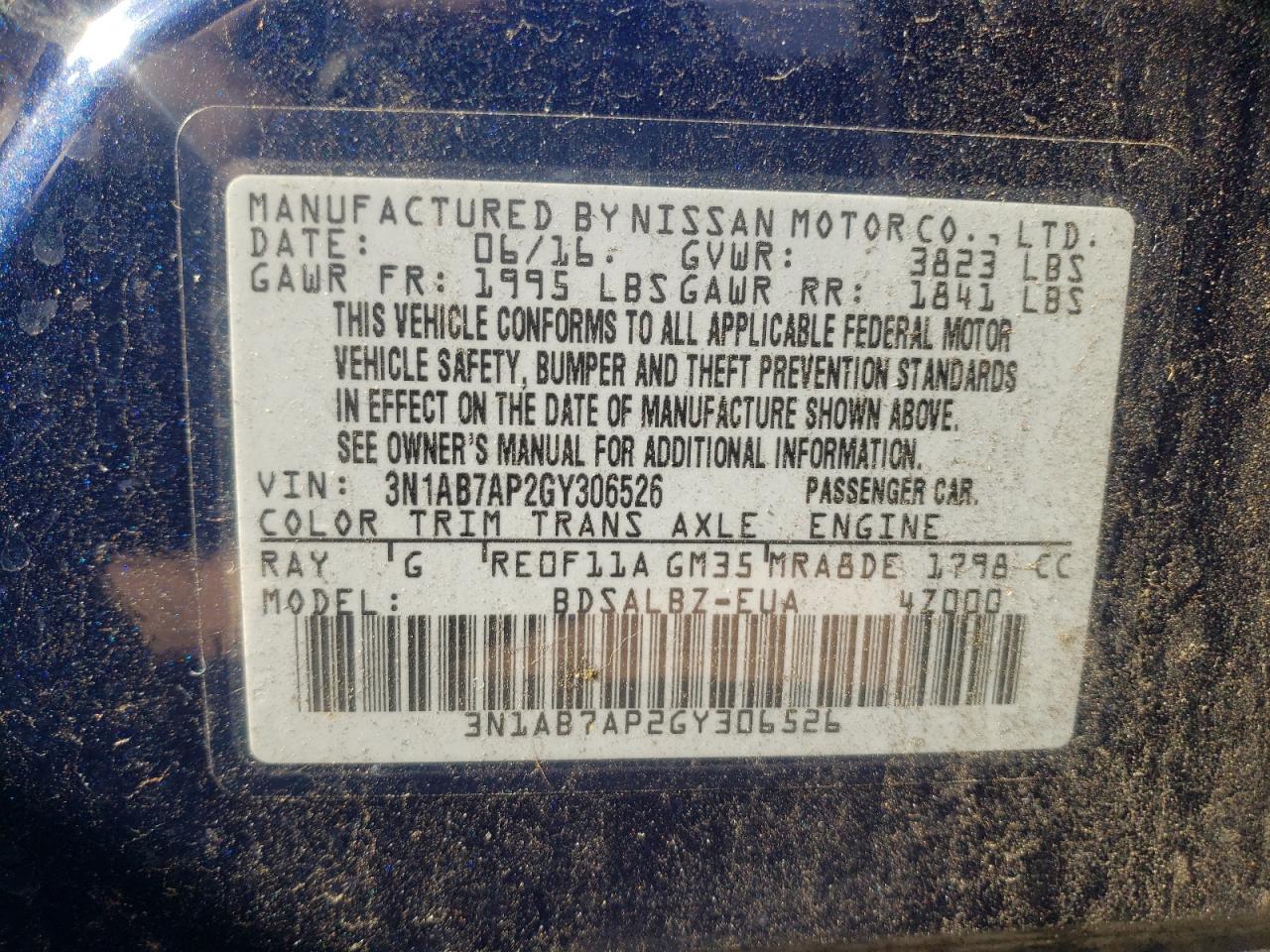 Photo 10 from auction – 2016 NISSAN SENTRA S with VIN 3N1AB7AP2GY306526
