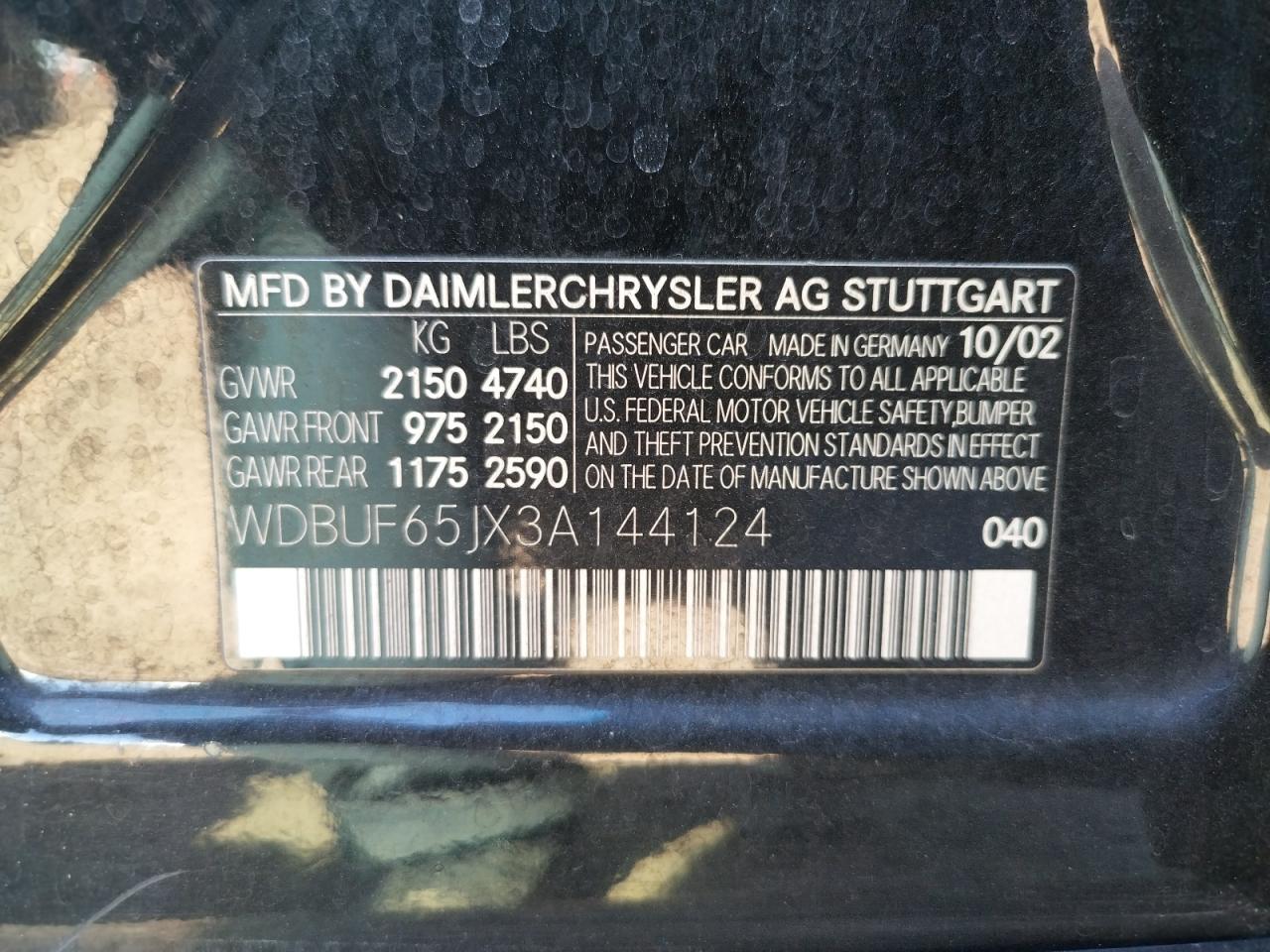 Photo 10 from auction – 2003 MERCEDES-BENZ E 320 with VIN WDBUF65JX3A144124